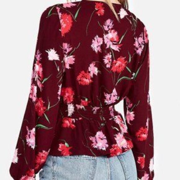 ✨ Express Maroon Smocked Waist Surplice Blouse✨ - Picture 2 of 3